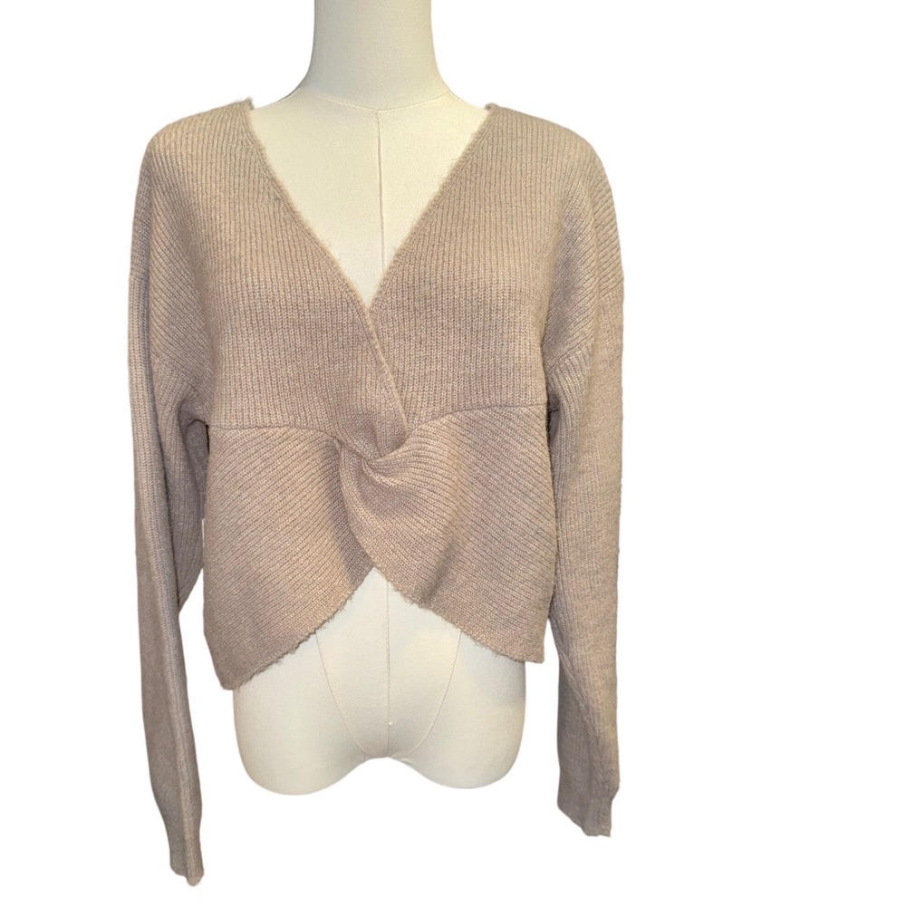 Twist-Front V-Neck Women's Sweater in Light Taupe